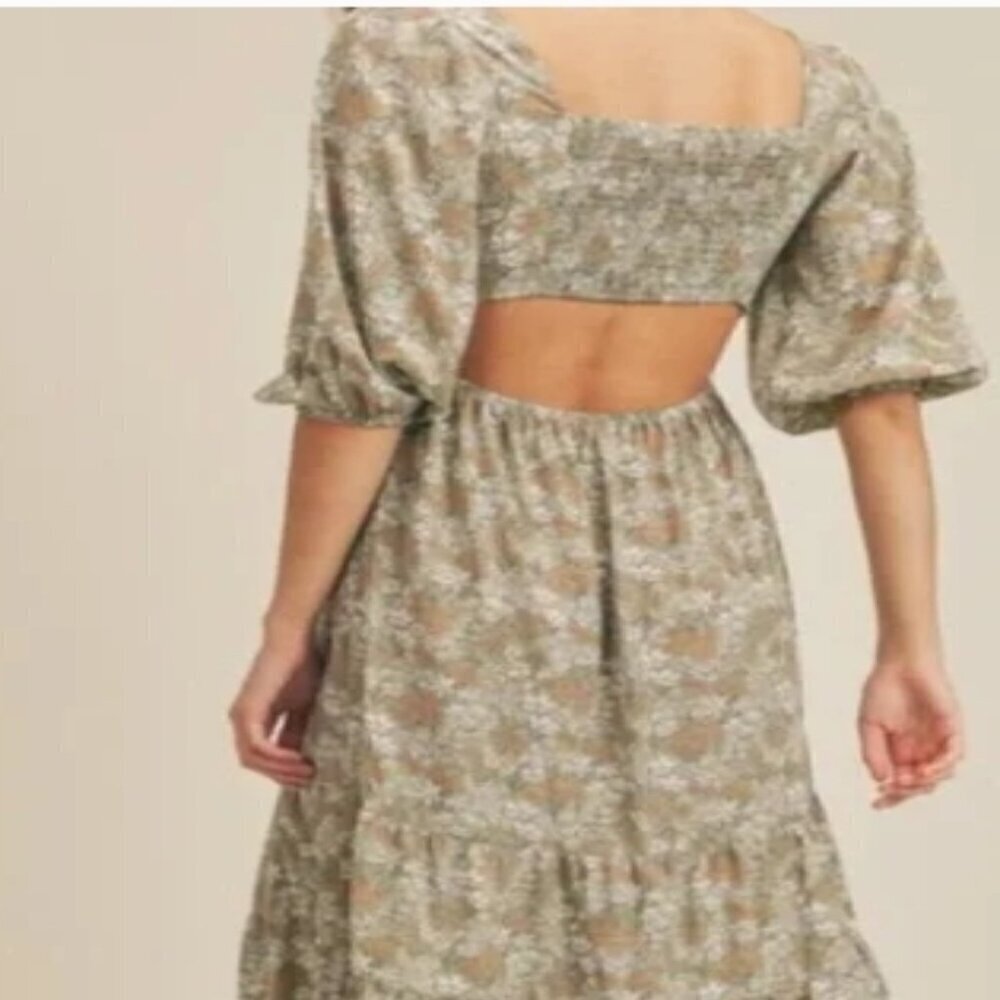 Lush Boho Cottagecore Floral Semi Backless 3/4 Sleeved Midi Dress - Picture 7 of 7